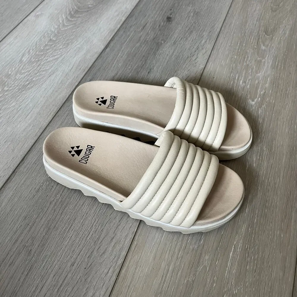 COUGAR 'Naomi' Women's 7.5 Cream Ribbed Leather Slide Sandal Comfort Footbed